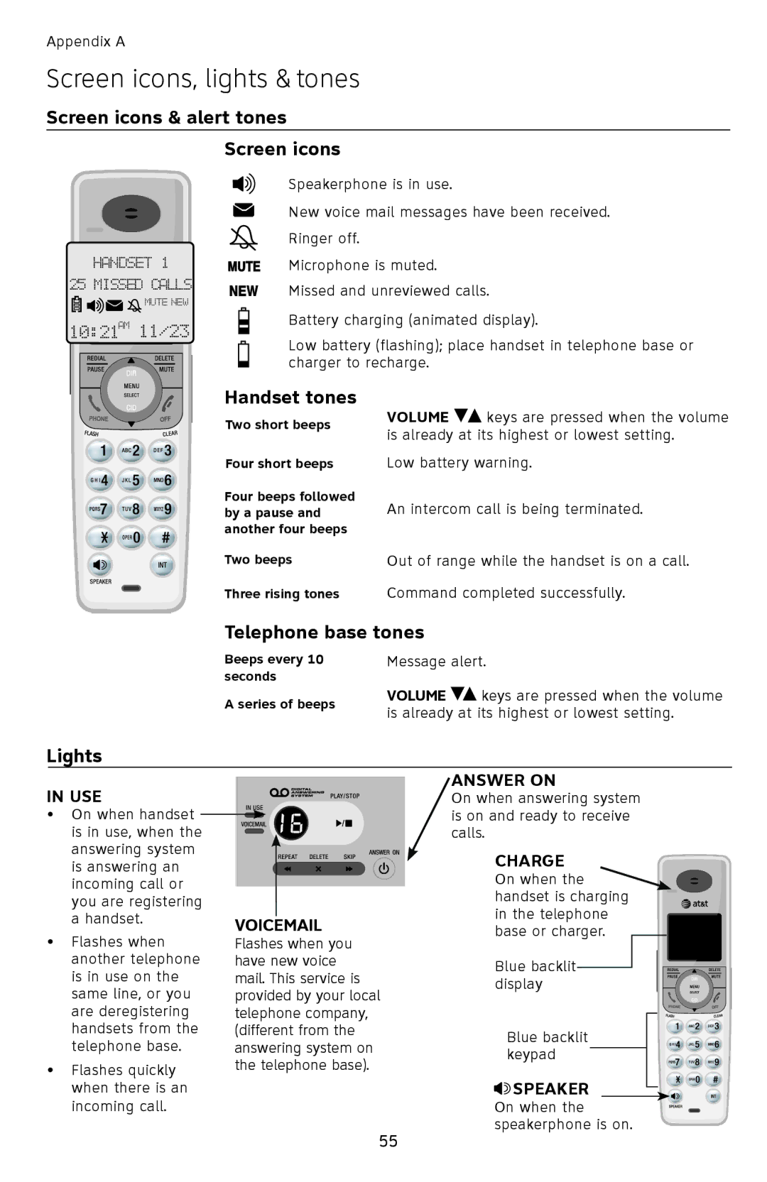 AT&T SL82558 Screen icons, lights & tones, Screen icons & alert tones, Handset tones, Telephone base tones, Lights 